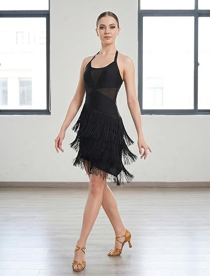Sparkly Tassel Latin Dance Dress for Women Halter Asymmetric Fringe Flapper Dresses Mesh Salsa Tango Ballroom Dance Costume