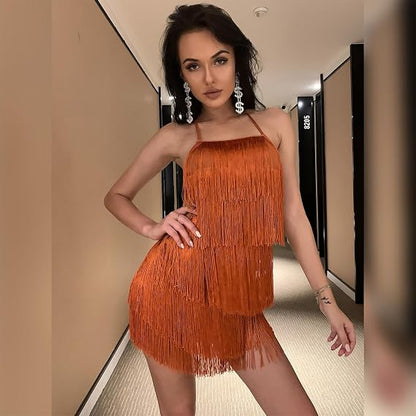 Women Halter Tassel Romper Backless Fringe Latin Dance Dress Evening Short Jumpsuit Dressy Ballroom Tie Back Playsuit