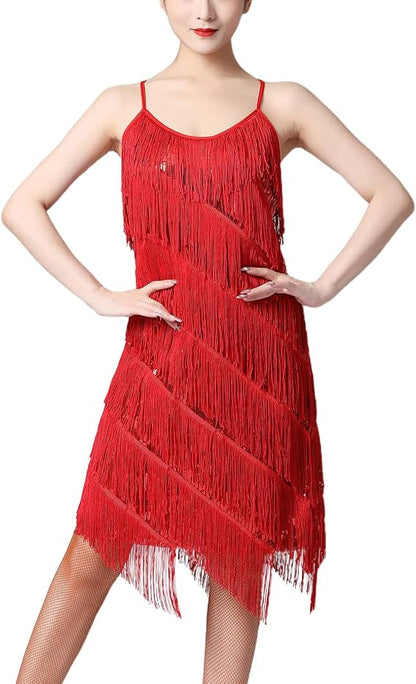 Women Sequin Tassel Dress Sleeveless Stand Collar Fringe Latin Salsa Cha Cha Jazz Dance Costume