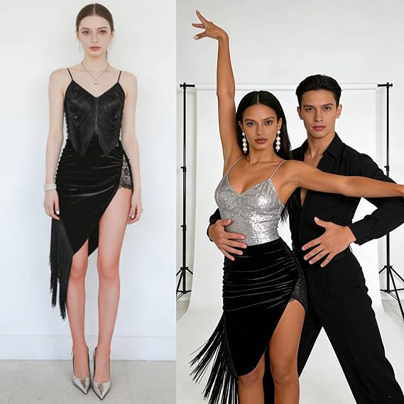 Black Skirt with Slit Asymmetrical Latin Dance Skirt with Shorts Salsa Ballroom Dance Clothes