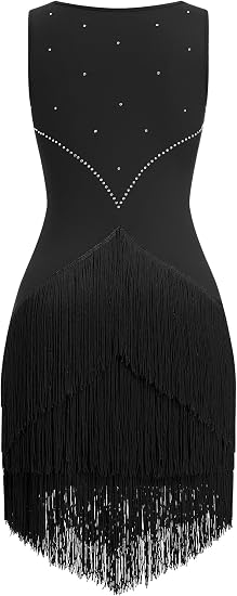 Women Latin Dance Dress Sleeveless V Neck Rhinestone Top Midi Fringe Skirt Jazz Ballroom Outfit