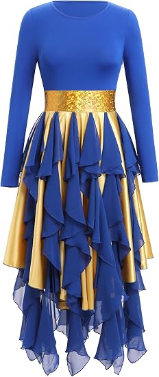 Metallic Praise Dance Dress for Women Asymmetrical Ruffle Overlay Liturgical Lyrical Worship Costume