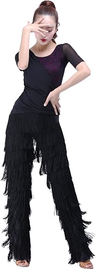 Women's 11 Tiers of Fringe Ballroom Latin Dance Pants Tango Salsa Practice Performance Trousers