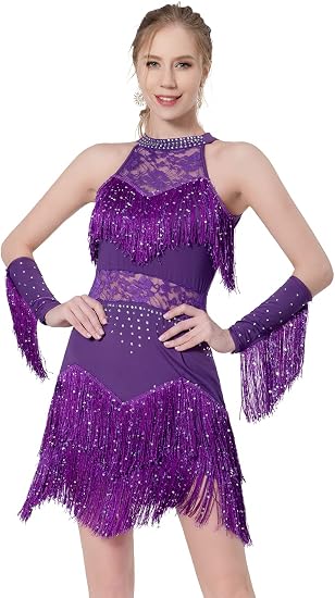 Women Latin Dress Lace Rhinestone Fringe Skirt Ballroom Salsa Cha Cha Dance Party Dress with Armband