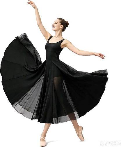 Women's U Neck Sleeveless Lyrical Dance Dress Contemporary Ballet Costume Flowy Tulle Skirt with Shorts