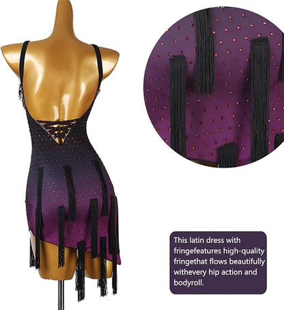 Latin Dance Dress Women Competition Costume Purple Black for Stage Performance Professional Training