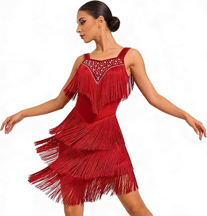 Women's Latin Dance Dress - Sparkly Rhinestones Fringe Salsa Ballroom Dance Outfit Stage Performance Costume