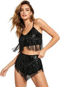 Womens Rave Outfit, Sequin Fringe 2 Piece Set, Sparkly Tassel Crop Top and Shorts for Halloween Festival Dance Party