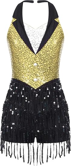 Women's Latin Jazz Costume Shiny Sequins Fringe Jumpsuit Sleeveless Tassel Leotard Dancewear