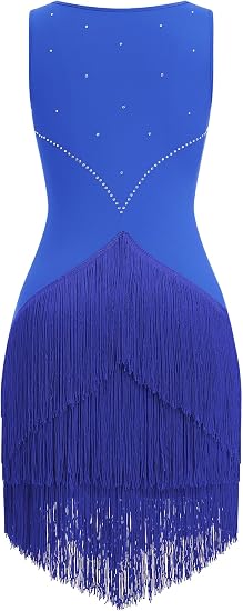 Women Latin Dance Dress Sleeveless V Neck Rhinestone Top Midi Fringe Skirt Jazz Ballroom Outfit