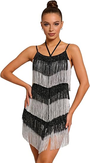 Women's Fringe Latin Dance Dress - Halter Backless Adjustable Cami Straps Color Block Salsa Ballroom Dance Costume