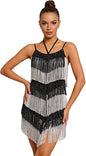 Women's Fringe Latin Dance Dress - Halter Backless Adjustable Cami Straps Color Block Salsa Ballroom Dance Costume