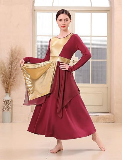 Metallic Praise Dance Dress for Women Asymmetric Ruffle Overlay Dresses Liturgical Lyrical Dancewear Worship Costume