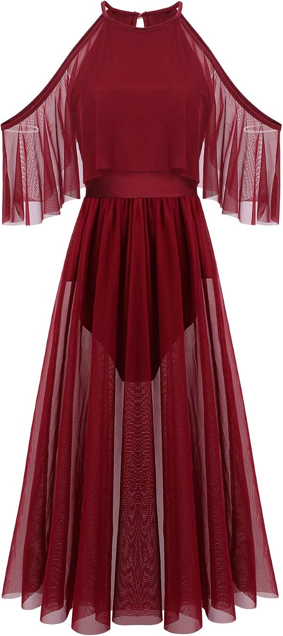 Women Lyrical Dance Costume Shiny Criss Cross Spaghetti Strap Full Circle Mesh Tulle Long Dress with Brooch Pin