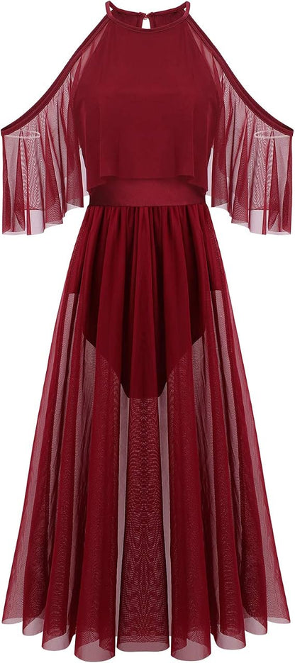 Women Lyrical Dance Costume Shiny Criss Cross Spaghetti Strap Full Circle Mesh Tulle Long Dress with Brooch Pin