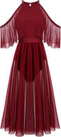 Women Lyrical Dance Costume Shiny Criss Cross Spaghetti Strap Full Circle Mesh Tulle Long Dress with Brooch Pin