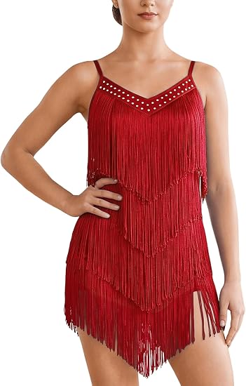 Rhinestone Latin Dance Dress for Women Fringe Bodysuit Tassel Leotard Fringe Romper Salsa Jazz Dance Costume