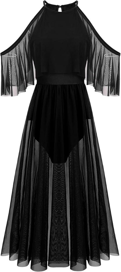 Women Lyrical Dance Costume Shiny Criss Cross Spaghetti Strap Full Circle Mesh Tulle Long Dress with Brooch Pin