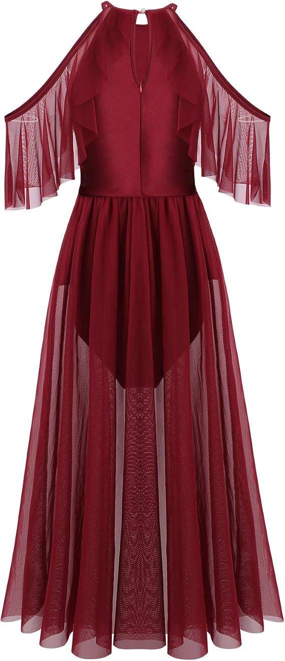 Women Lyrical Dance Costume Shiny Criss Cross Spaghetti Strap Full Circle Mesh Tulle Long Dress with Brooch Pin