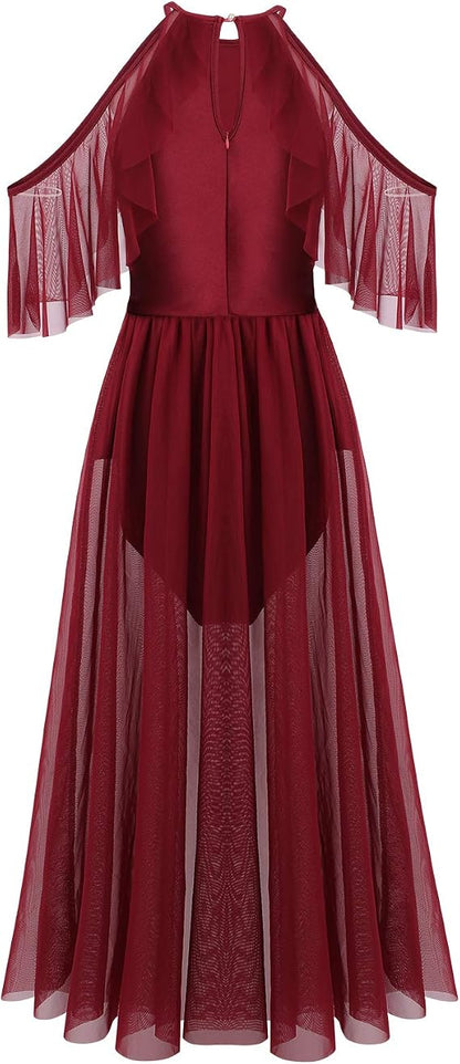 Women Lyrical Dance Costume Shiny Criss Cross Spaghetti Strap Full Circle Mesh Tulle Long Dress with Brooch Pin