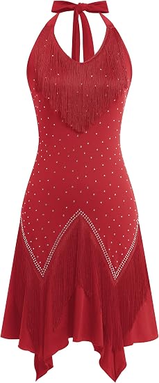 Women Halter Rhinestone Fringe Latin Dance Flapper Dress