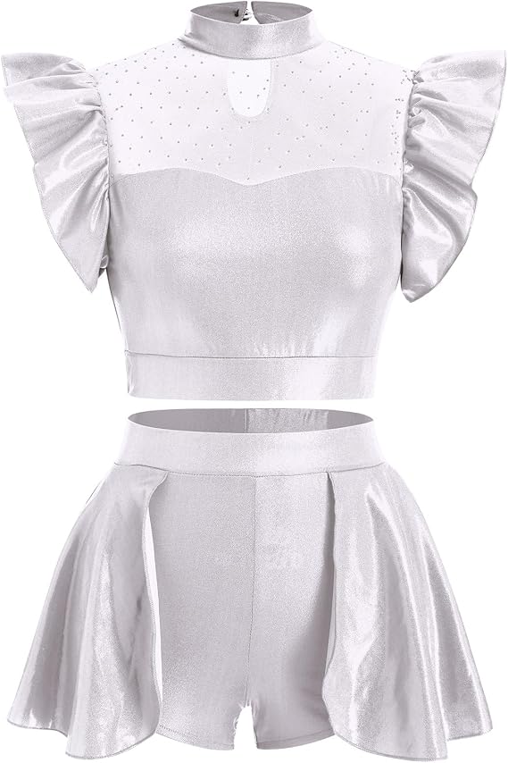 Women Metallic Dance Dress Ruffle Sleeve Crop Top Mini Dance Short Half Skirt Adult Lyrical Costume
