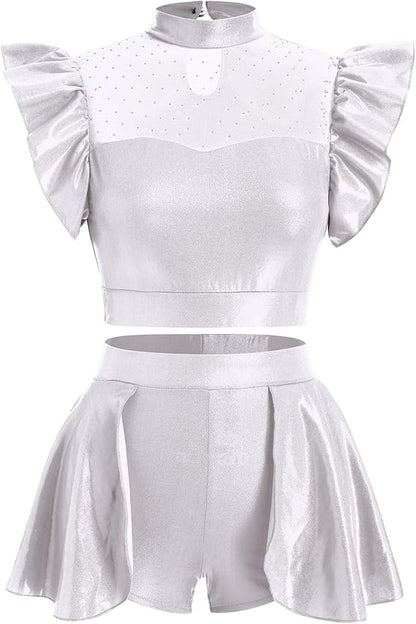 Women Metallic Dance Dress Ruffle Sleeve Crop Top Mini Dance Short Half Skirt Adult Lyrical Costume