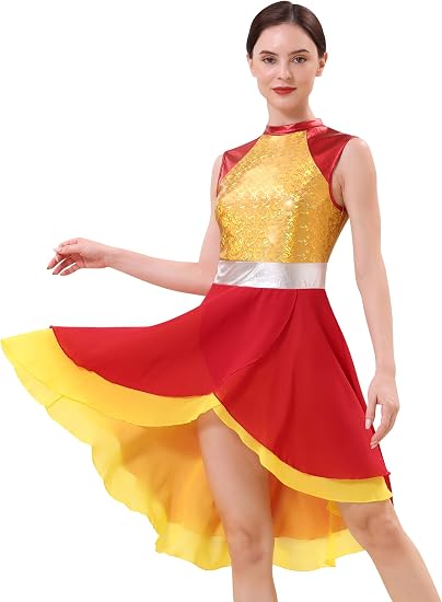 Metallic Color Block Praise Dance Overlay Dress for Women Asymmetrical Ruffle Worship Tunic Liturgical Dancewear