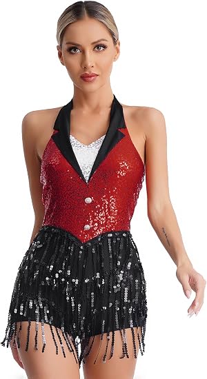 Women's Latin Jazz Costume Shiny Sequins Fringe Jumpsuit Sleeveless Tassel Leotard Dancewear