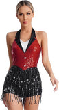 Women's Latin Jazz Costume Shiny Sequins Fringe Jumpsuit Sleeveless Tassel Leotard Dancewear