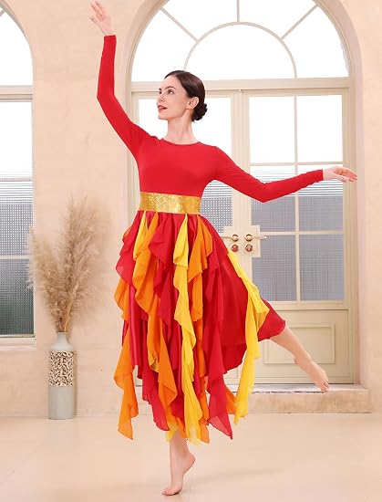 Metallic Praise Dance Dress for Women Asymmetrical Ruffle Overlay Liturgical Lyrical Worship Costume