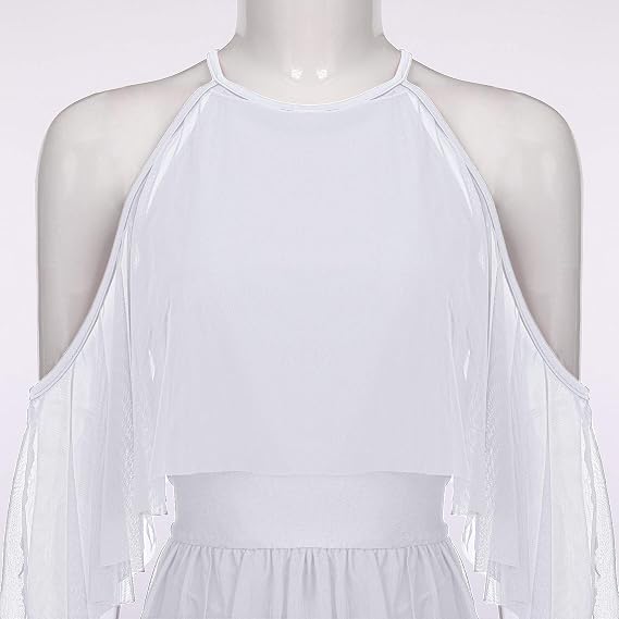 Women Lyrical Dance Costume Shiny Criss Cross Spaghetti Strap Full Circle Mesh Tulle Long Dress with Brooch Pin