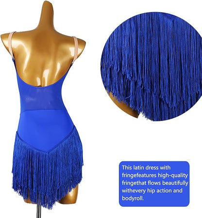 Women Blue Latin Dance Dress Competition Costume V Neck Layered Fringe Tassel Hem Sleeveless
