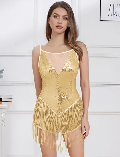 Shiny Sequin Fringe Bodysuit for Women Spliced Mesh Jumpsuit Sparkly Rhinestone Tassel Romper Dress