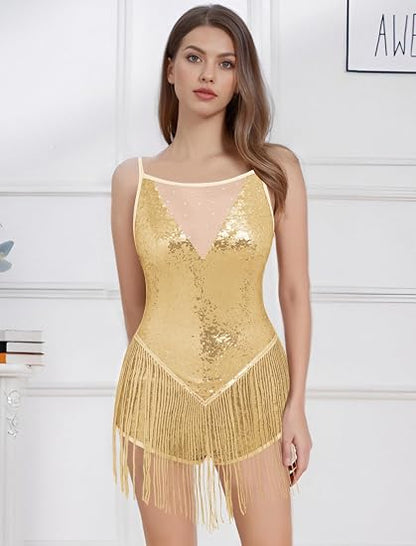 Shiny Sequin Fringe Bodysuit for Women Spliced Mesh Jumpsuit Sparkly Rhinestone Tassel Romper Dress