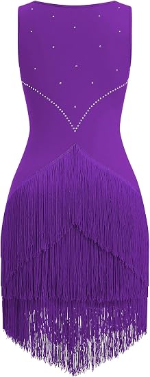 Women Latin Dance Dress Sleeveless V Neck Rhinestone Top Midi Fringe Skirt Jazz Ballroom Outfit