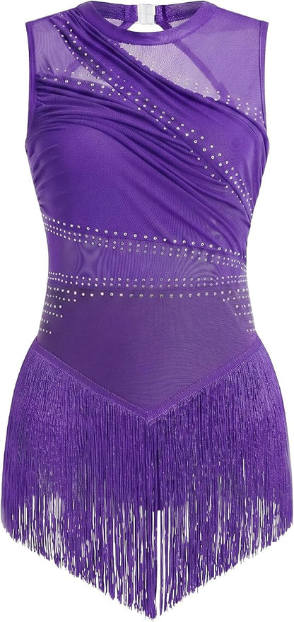 Rhinestone Fringe Bodysuit Women Sparkly Tassel Romper Dress Mesh Latin Jazz Dance Leotard Rave Outfits Disco Pole Dancewear