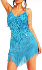 Tassel Latin Dance Dress Royal Blue Sequin Fringe Dresses for Women