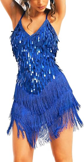 Tassel Latin Dance Dress Royal Blue Sequin Fringe Dresses for Women