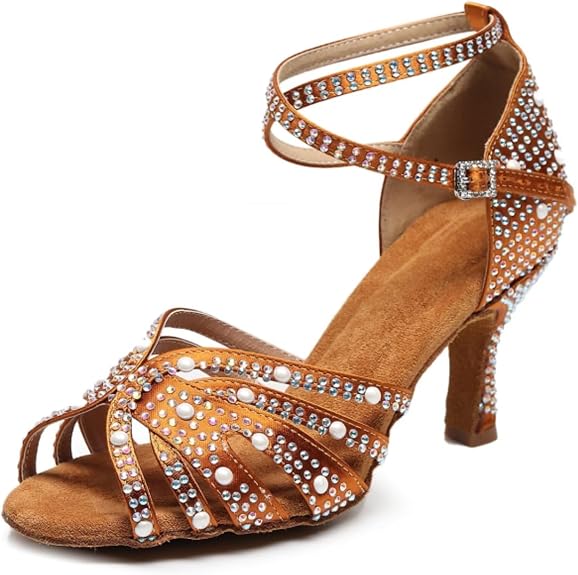 Women's Rhinestone Latin Dance Shoes - Comfortable Satin Salsa Bachata Heels for Wedding Party Performance & Practice (3'' Heel)