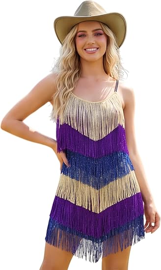 Color Block Latin Jazz Dance Dress for Women Sparkly Tassel Fringe Flapper Dresses 1920s Gatsby Party Ballroom Dance Costume