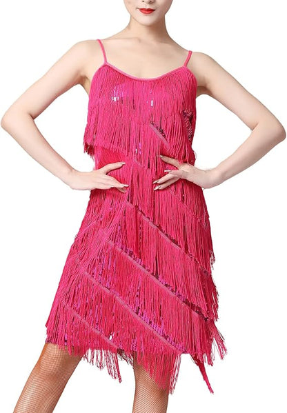 Women Sequin Tassel Dress Sleeveless Stand Collar Fringe Latin Salsa Cha Cha Jazz Dance Costume