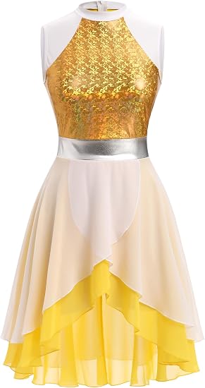Metallic Color Block Praise Dance Overlay Dress for Women Asymmetrical Ruffle Worship Tunic Liturgical Dancewear