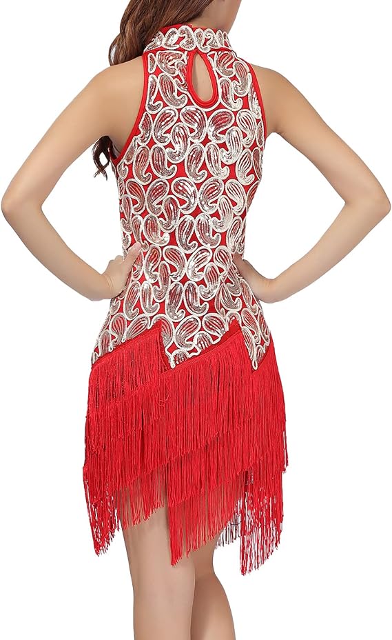Women's Mock Neck Sequin Tassel Fringe Dress Salsa Latin Ballroom Rave Party Dance Costume