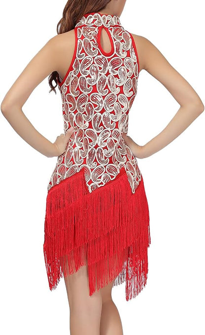 Women's Mock Neck Sequin Tassel Fringe Dress Salsa Latin Ballroom Rave Party Dance Costume