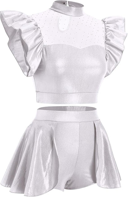 Women Metallic Dance Dress Ruffle Sleeve Crop Top Mini Dance Short Half Skirt Adult Lyrical Costume