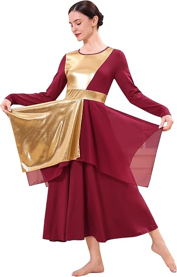 Metallic Praise Dance Dress for Women Asymmetric Ruffle Overlay Dresses Liturgical Lyrical Dancewear Worship Costume