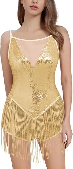 Shiny Sequin Fringe Bodysuit for Women Spliced Mesh Jumpsuit Sparkly Rhinestone Tassel Romper Dress