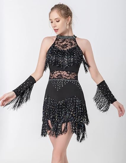 Women Latin Dress Lace Rhinestone Fringe Skirt Ballroom Salsa Cha Cha Dance Party Dress with Armband