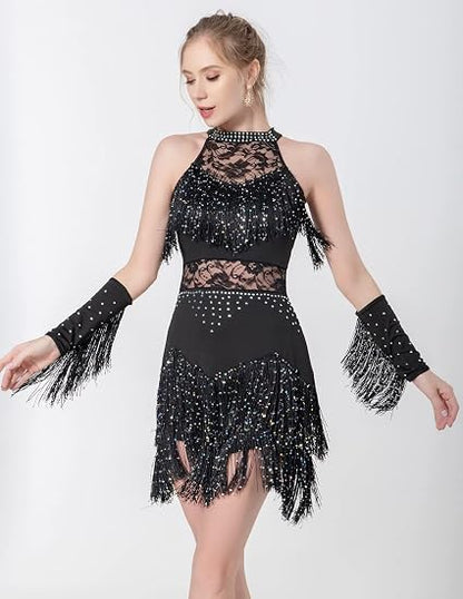Women Latin Dress Lace Rhinestone Fringe Skirt Ballroom Salsa Cha Cha Dance Party Dress with Armband